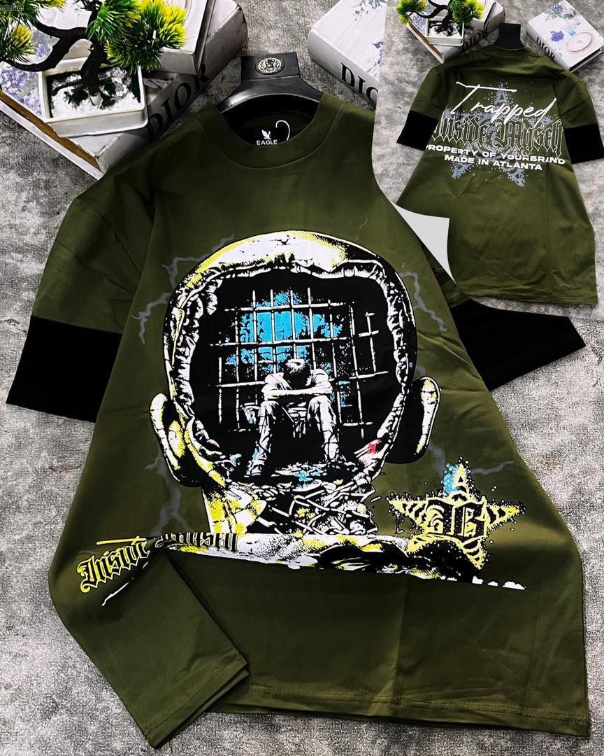 Olive green round neck t-shirt with trapped head prison graphic and back print.