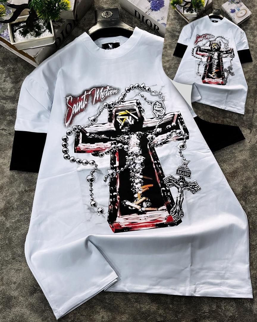 White round neck t-shirt with large cross and chain graphic print.