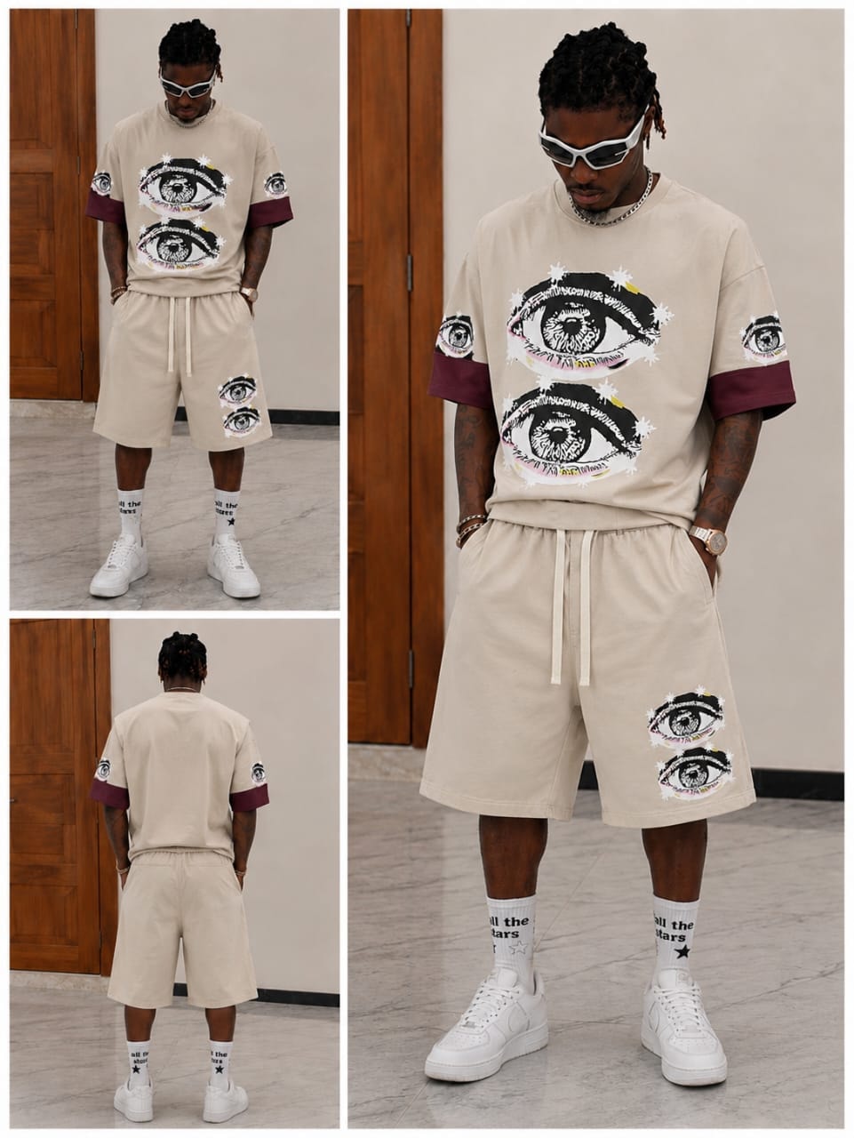 Man wearing beige short sleeve t-shirt and shorts set with eye graphics, shown from multiple angles including back view.