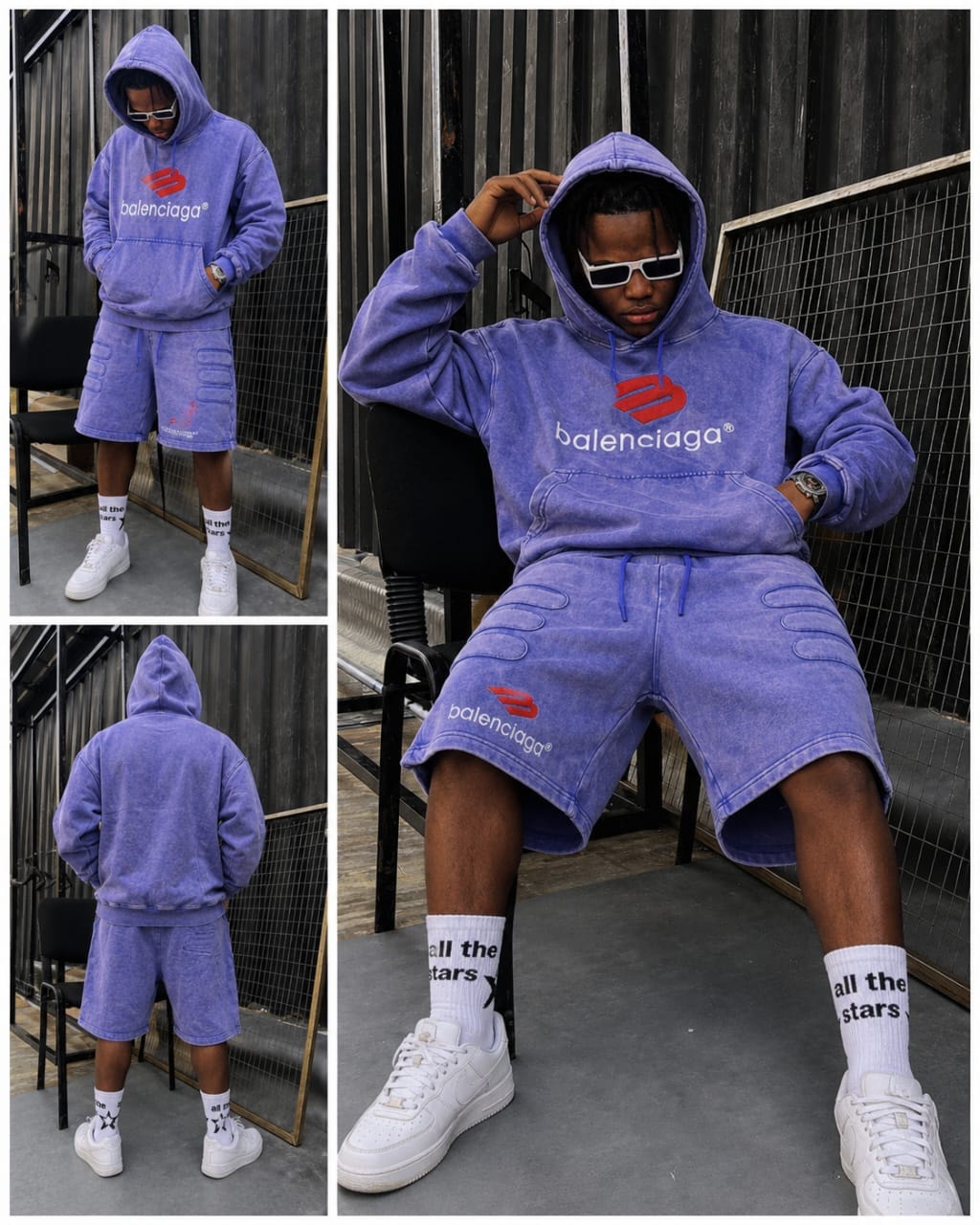 Man in purple Balenciaga branded hoodie and matching shorts set, shown in multiple poses and angles with accessories.