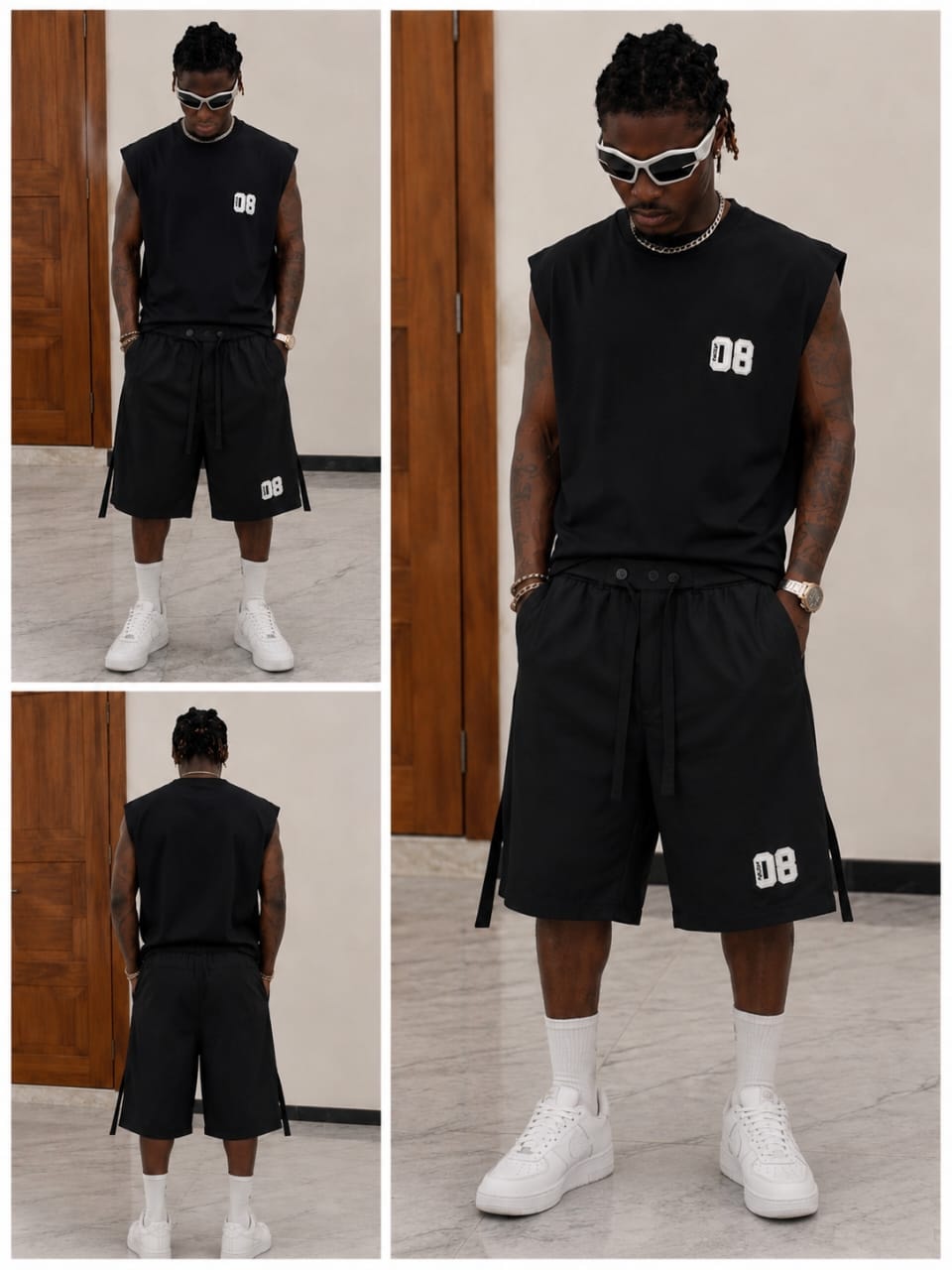Man modeling solid black sleeveless top and shorts set with 08 prints, multiple views including front, back and detail shots.