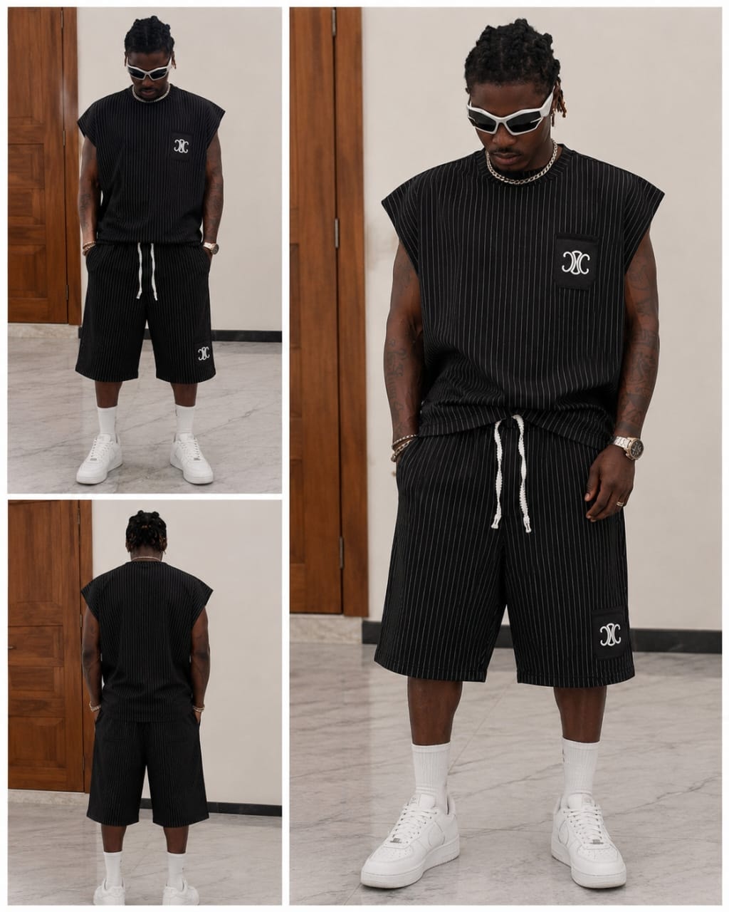 Man wearing black pinstripe sleeveless top and matching shorts set with logo details, shown from front, side and back angles.