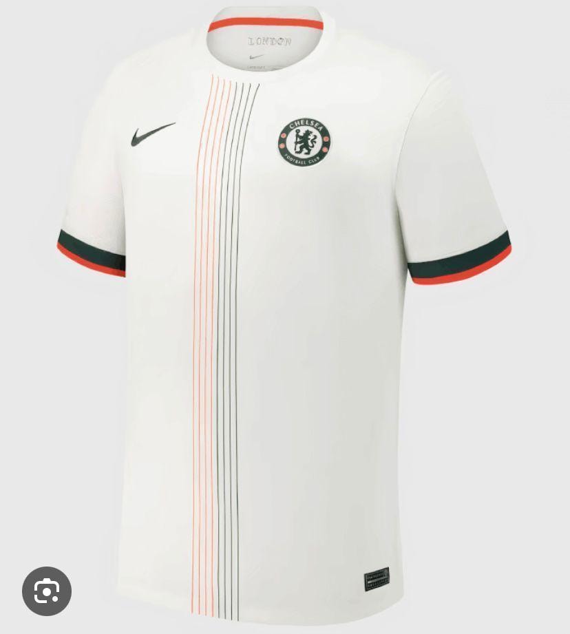 White Nike Chelsea FC jersey with vertical orange and black stripes on left chest.