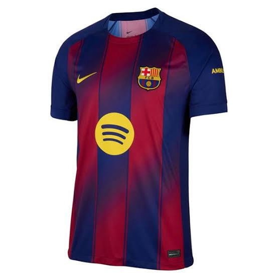 Red and blue Nike FC Barcelona jersey with Spotify logo and club crest.