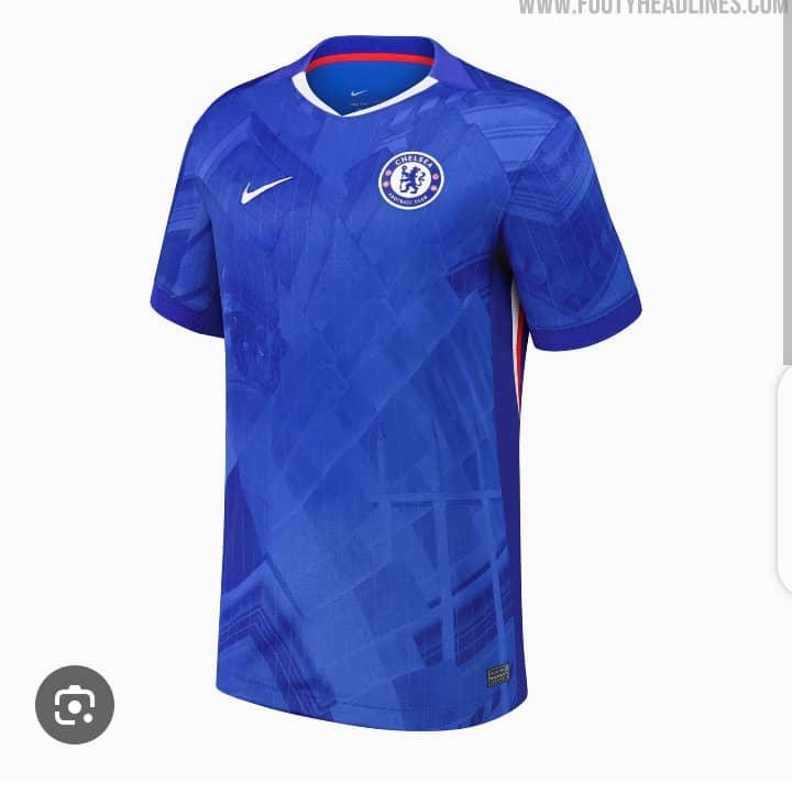 Blue geometric patterned Nike Chelsea FC jersey with chest crest.