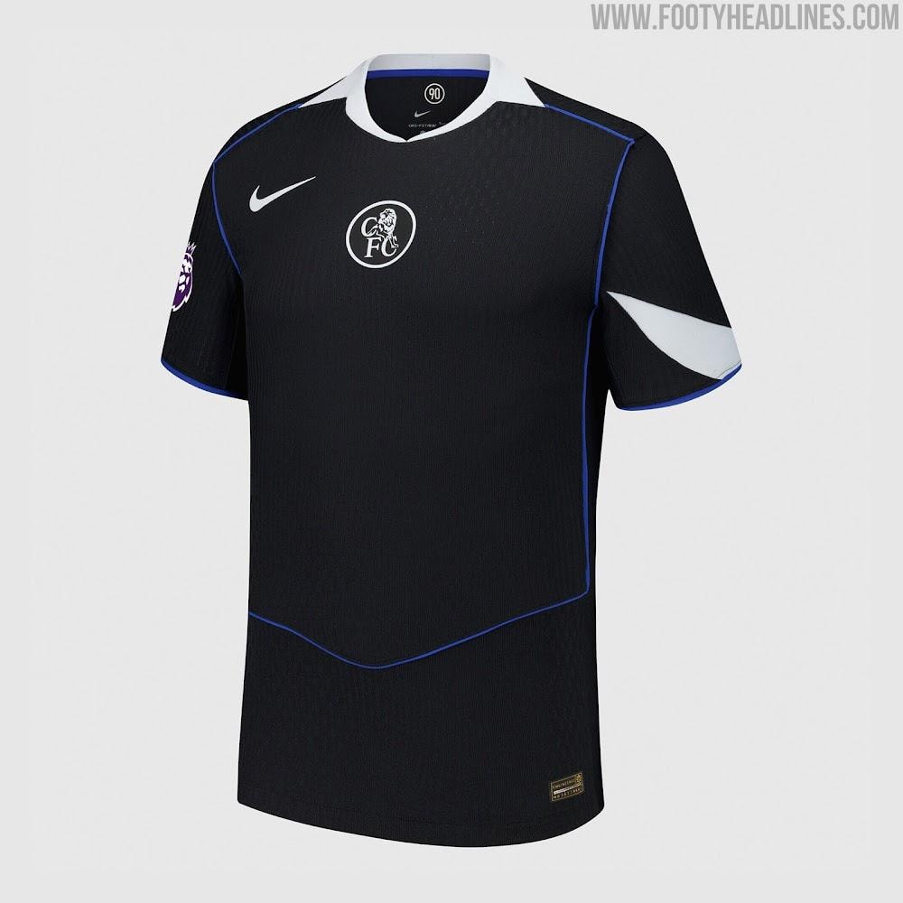 Black Nike Chelsea FC jersey with white collar, blue piping and chest crest.