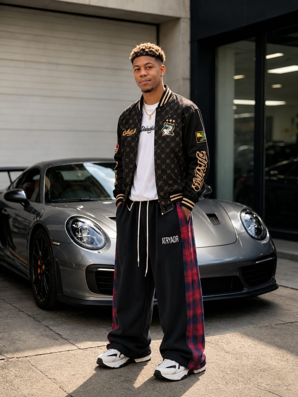 Black joggers with red and blue plaid side panels and ATR YADR print on the leg, shown in full lifestyle outfit.