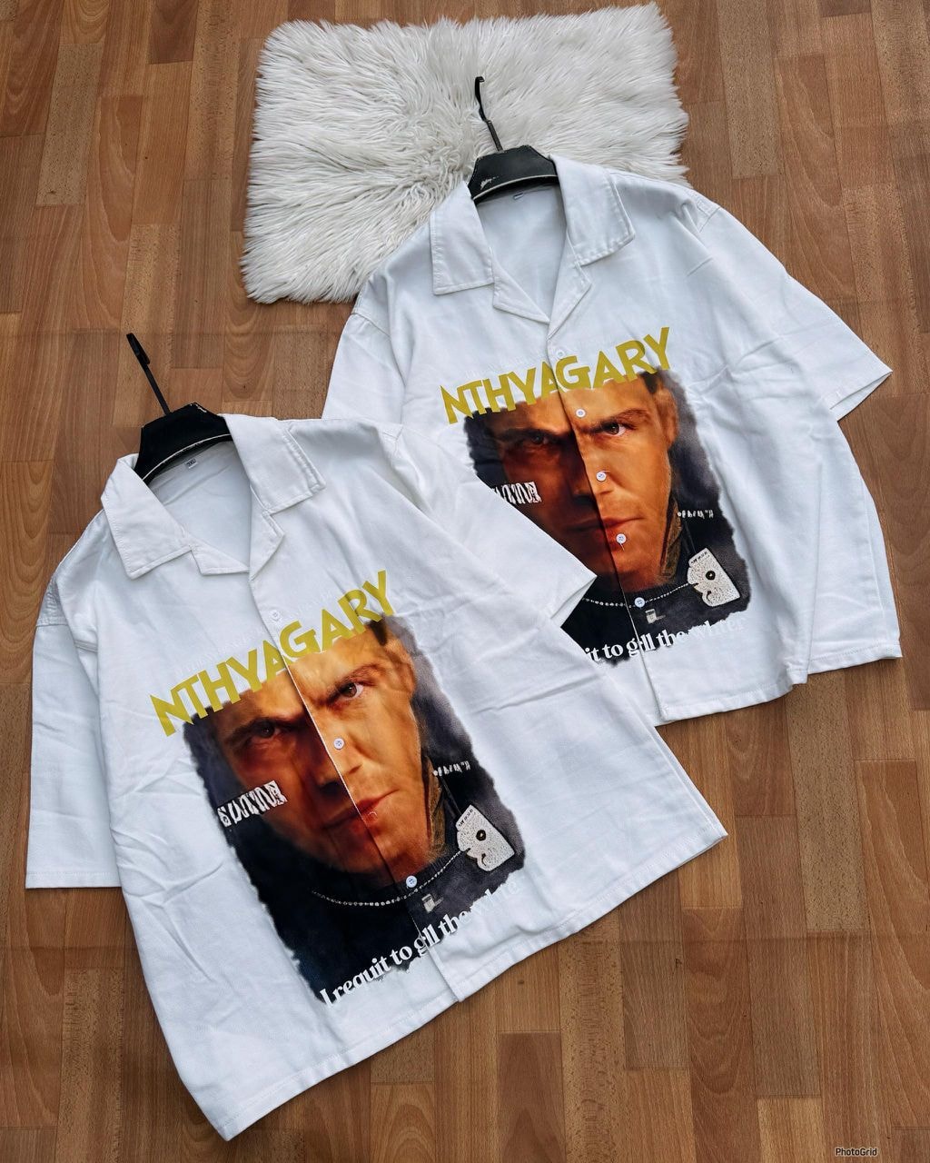 White short sleeve button-up shirt with split face portrait print and yellow NTHYAGARY text.