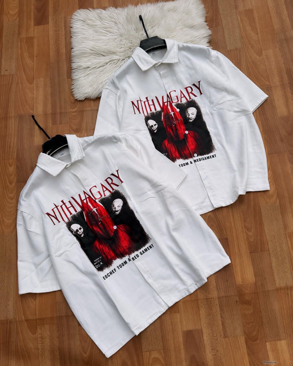 White short sleeve button-up shirt with red and black horror graphic print featuring masked figures.