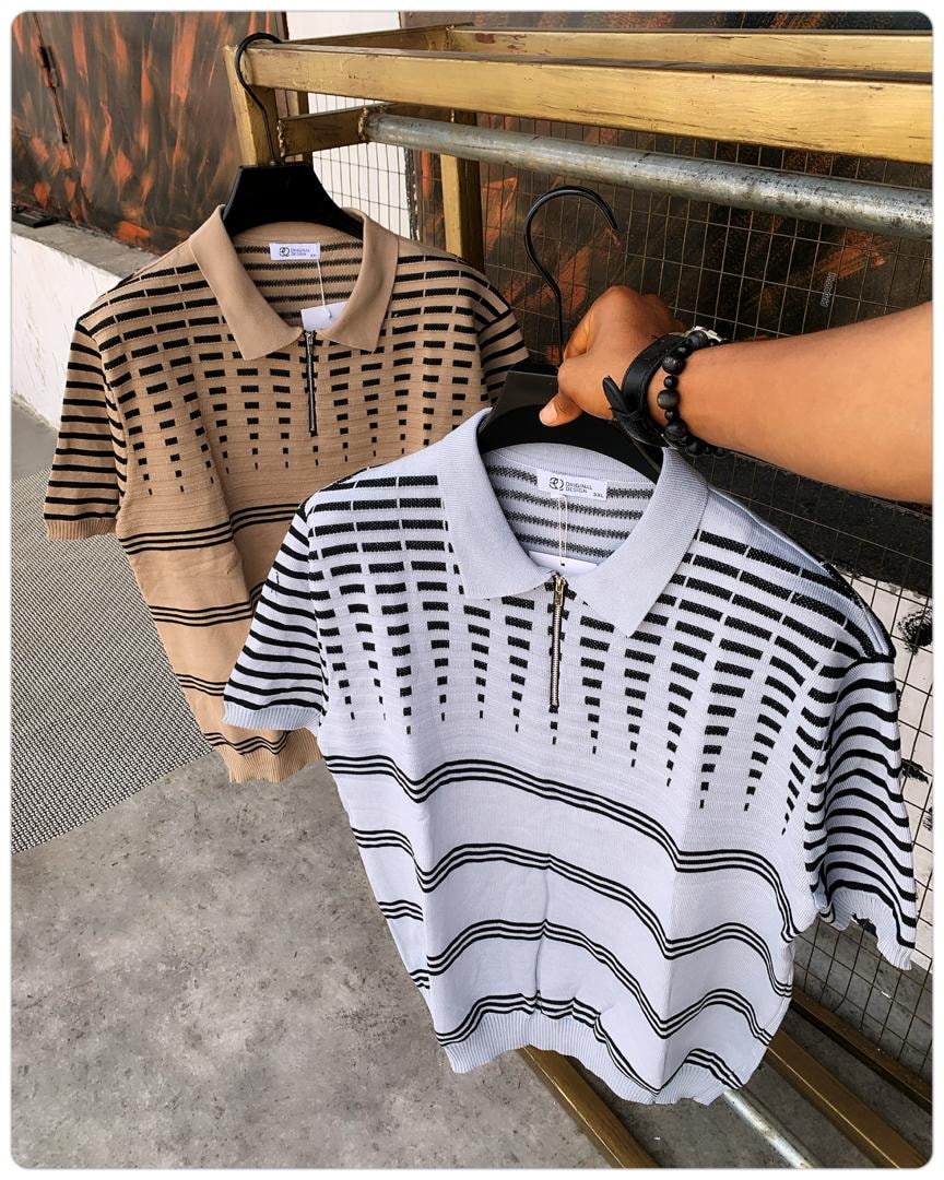 Beige-black striped knit polo in background with white-black striped polo in front.