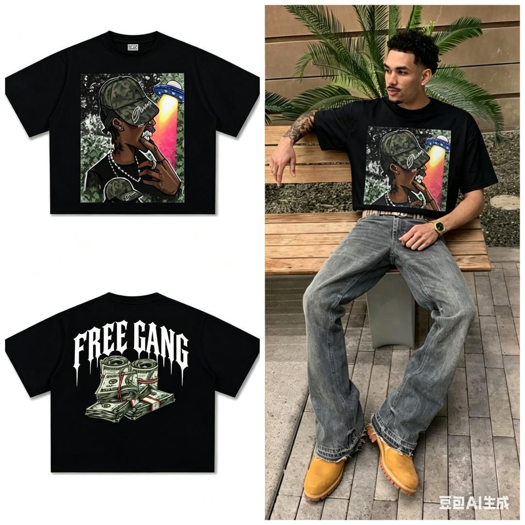 Black t-shirt with front graphic print of figure and UFO, FREE GANG money back print, and model wearing it.