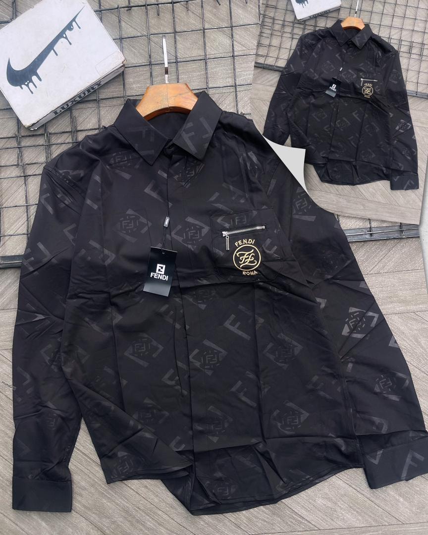 Black Fendi monogram luxury shirt with all-over FF print, chest pocket and logo.