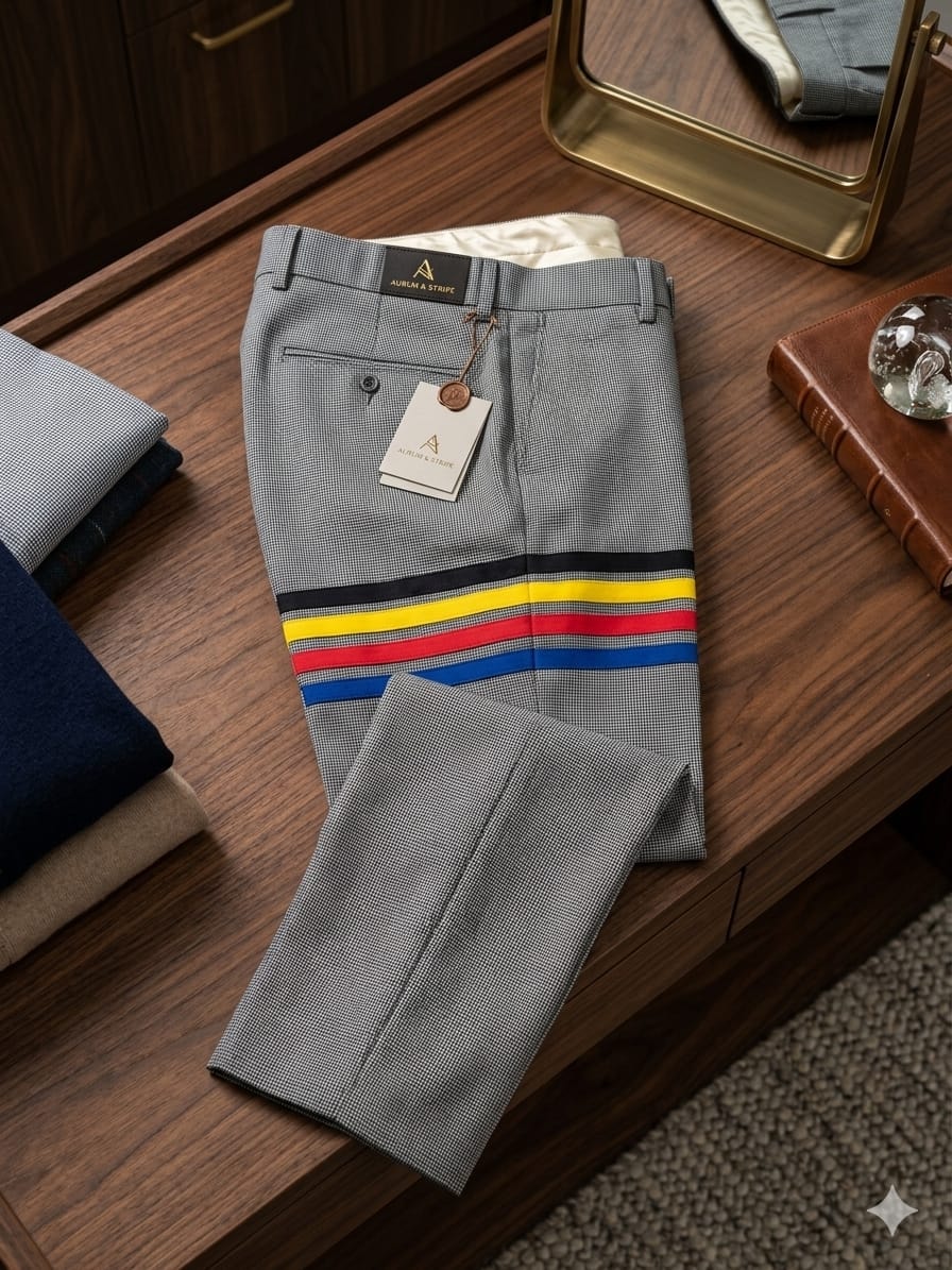Gray checkered trousers with multicolored stripes folded on wooden surface.