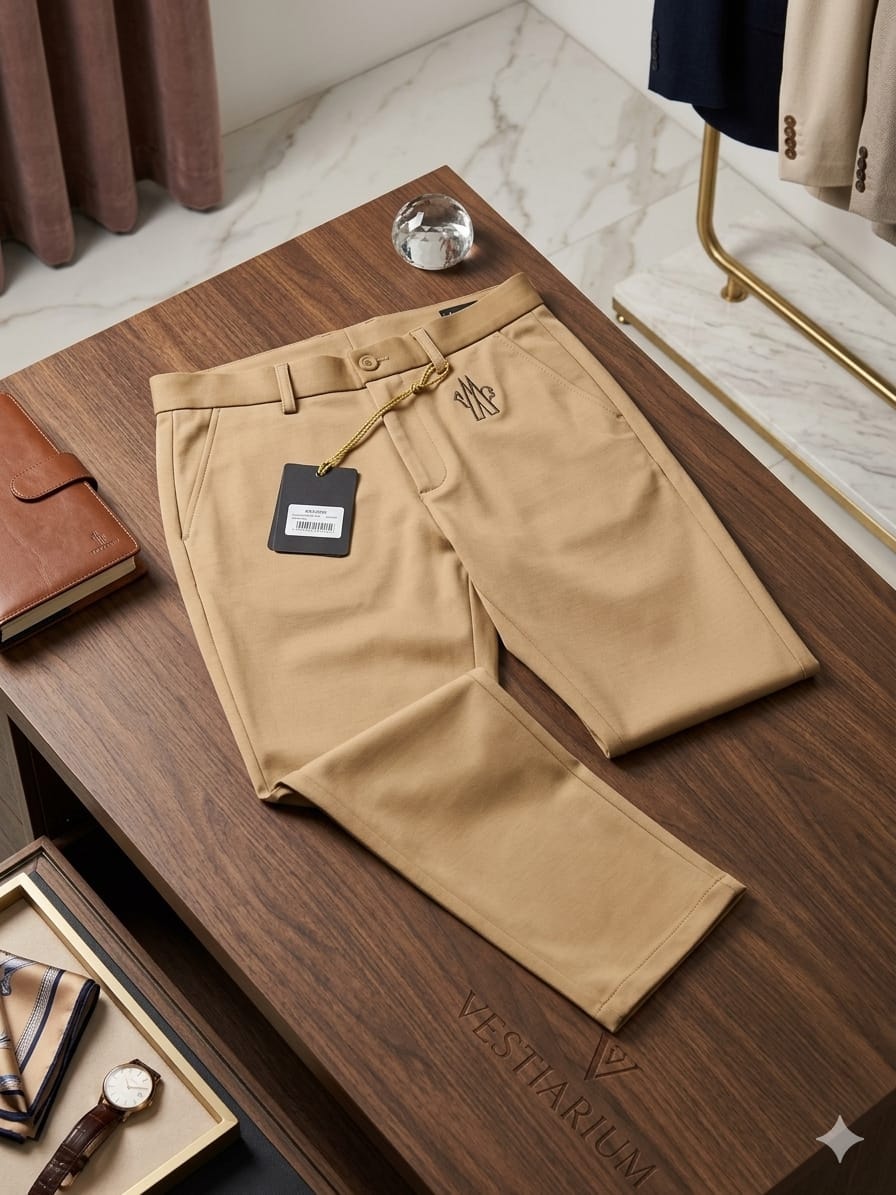 Beige tailored trousers with tag and logo detail on wooden table.