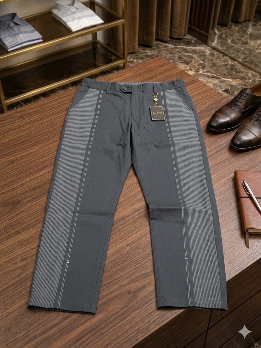 Dark gray trousers with white side pinstripe panels and brand tag.