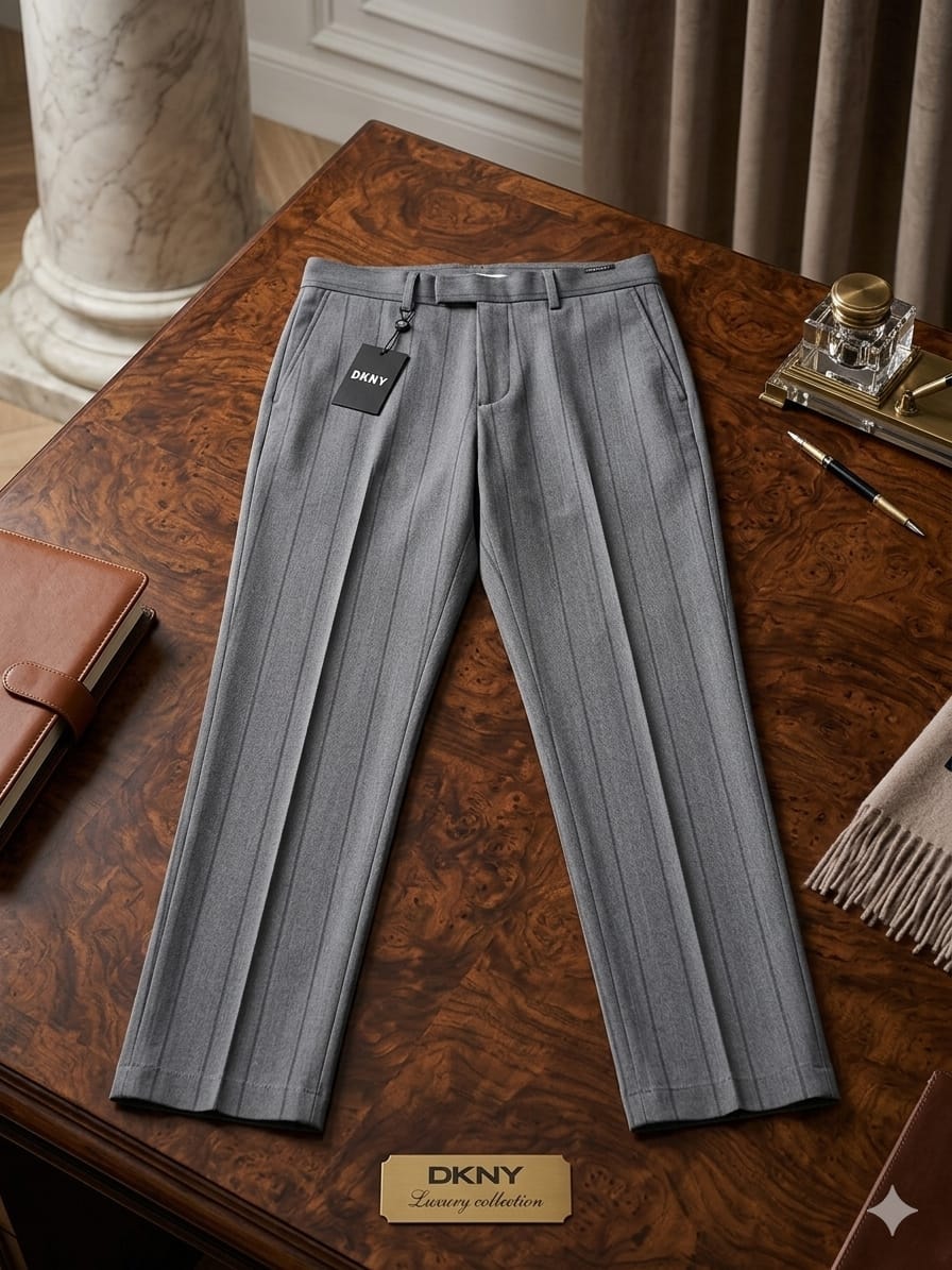 Light gray pinstripe trousers with DKNY tag displayed on wooden table.