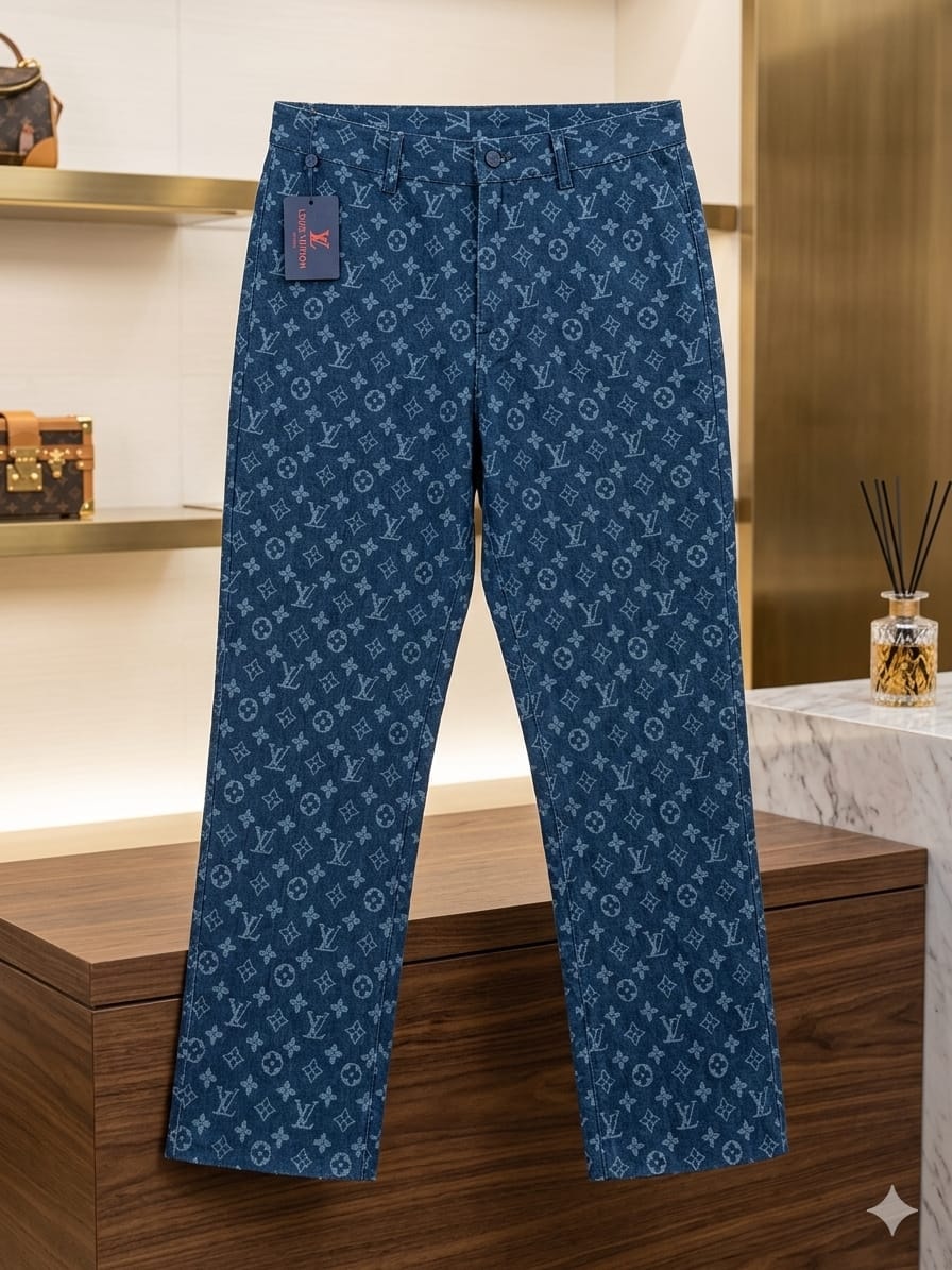 Blue monogram print trousers standing upright on wooden surface.