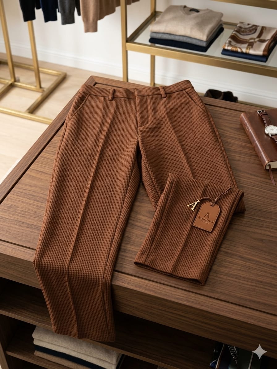 Brown waffle knit trousers folded on wooden display table.