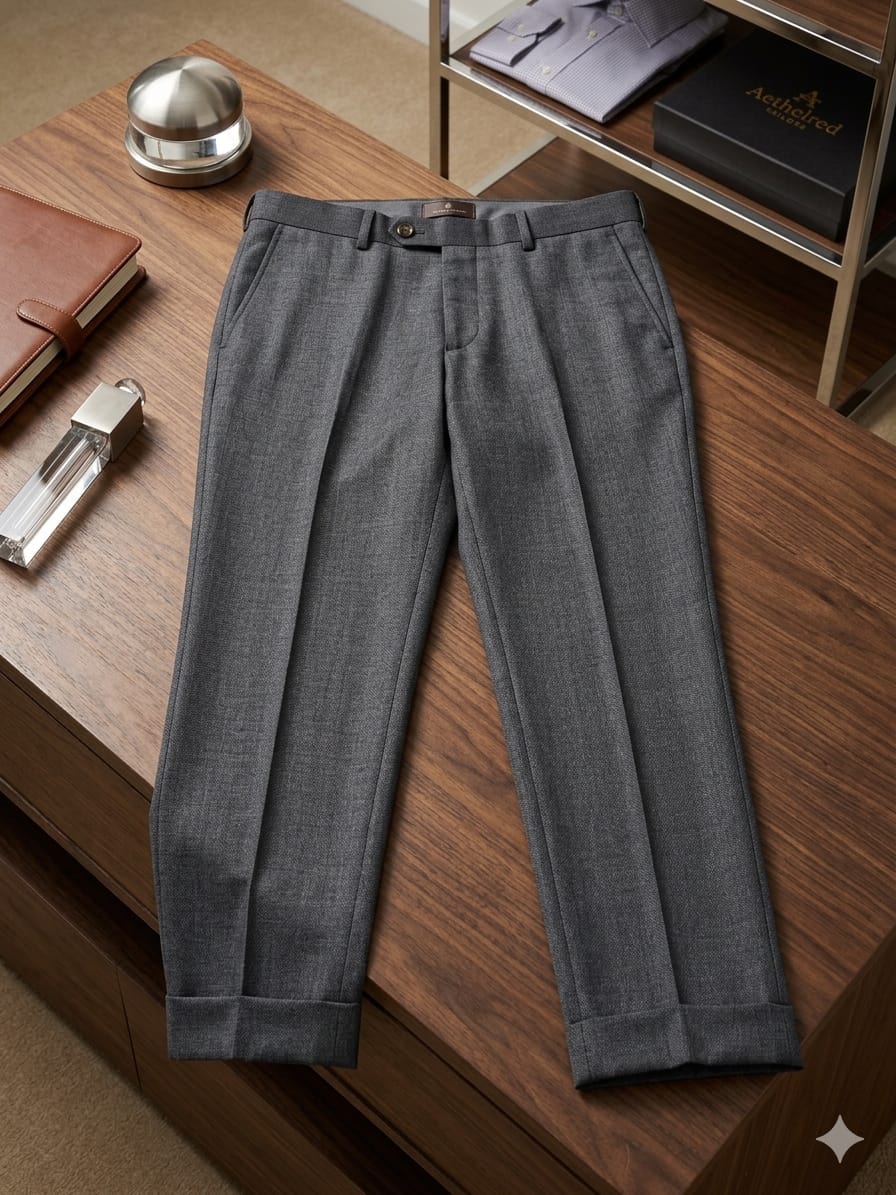 Gray pleated trousers with cuffs shown on wooden table with decor.
