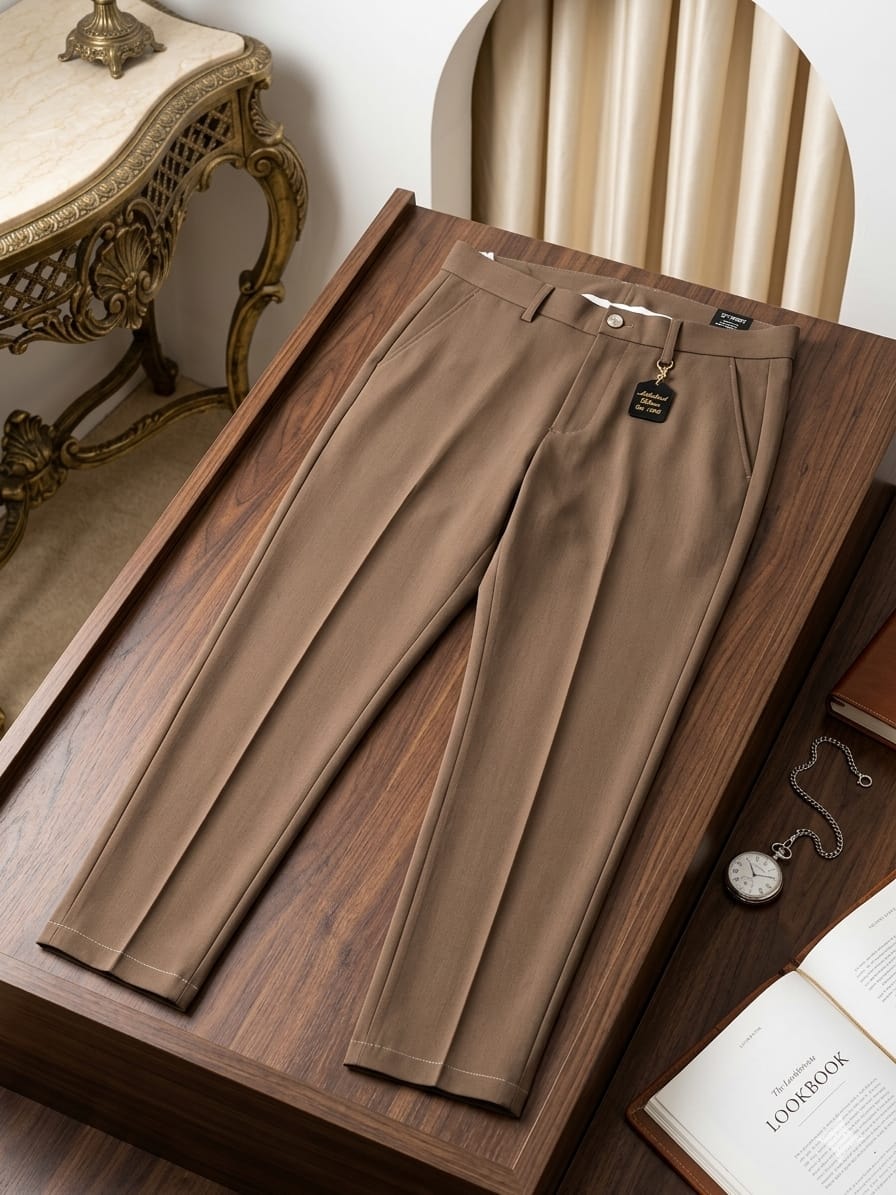 Beige pleated trousers displayed on wooden tray with accessories.