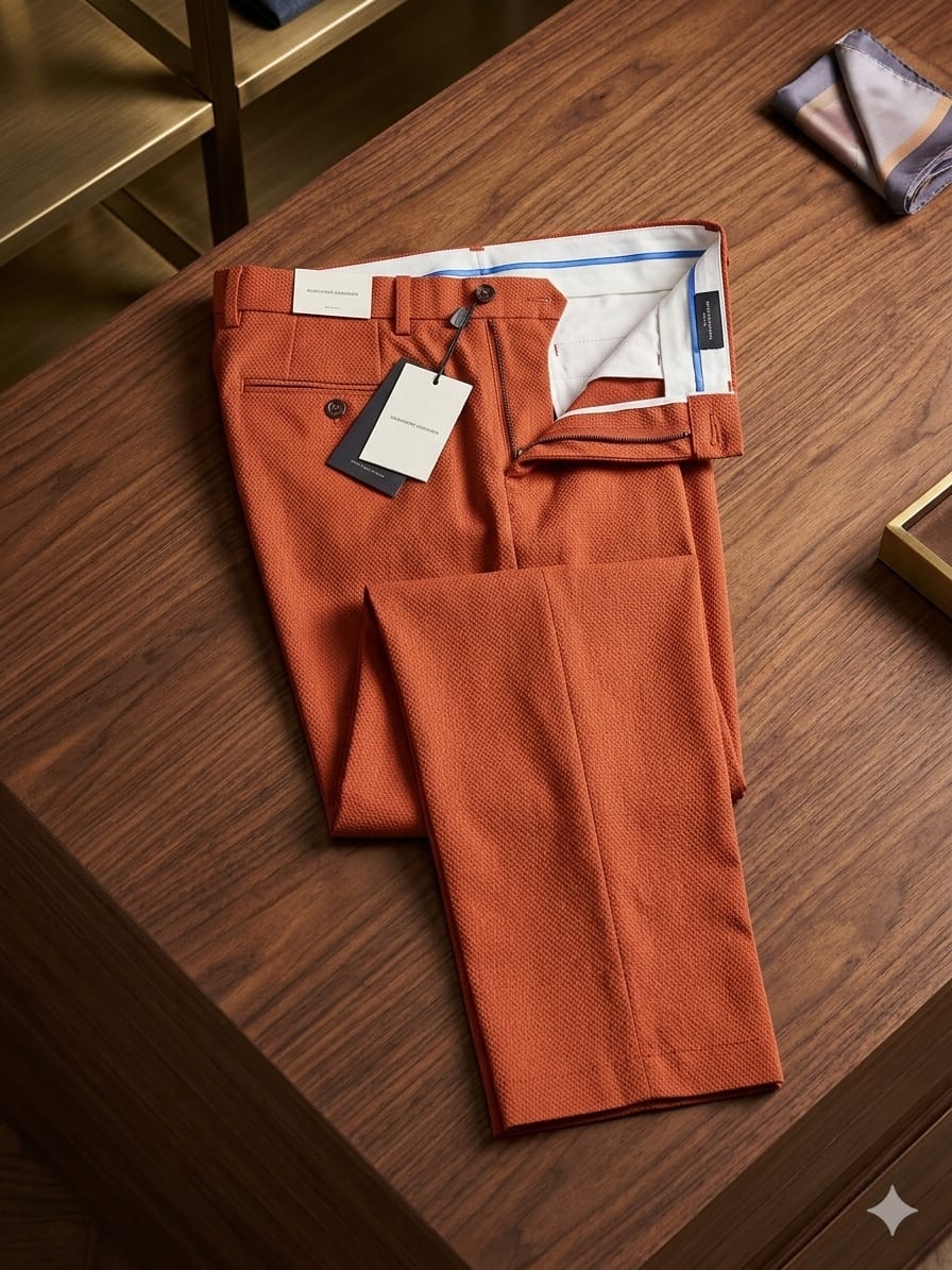 Orange textured trousers folded on wooden surface showing interior details.
