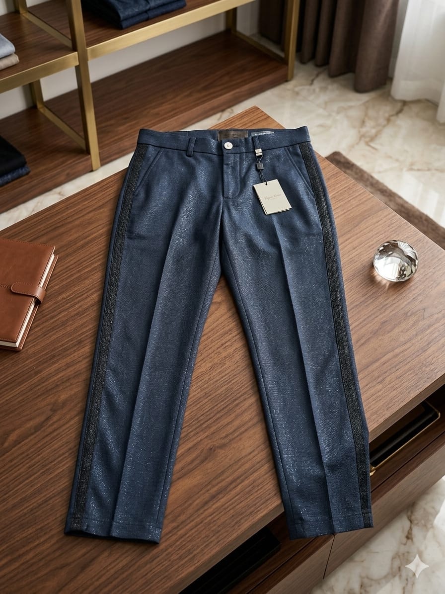 Navy blue shiny trousers with black side stripes laid on wooden table.
