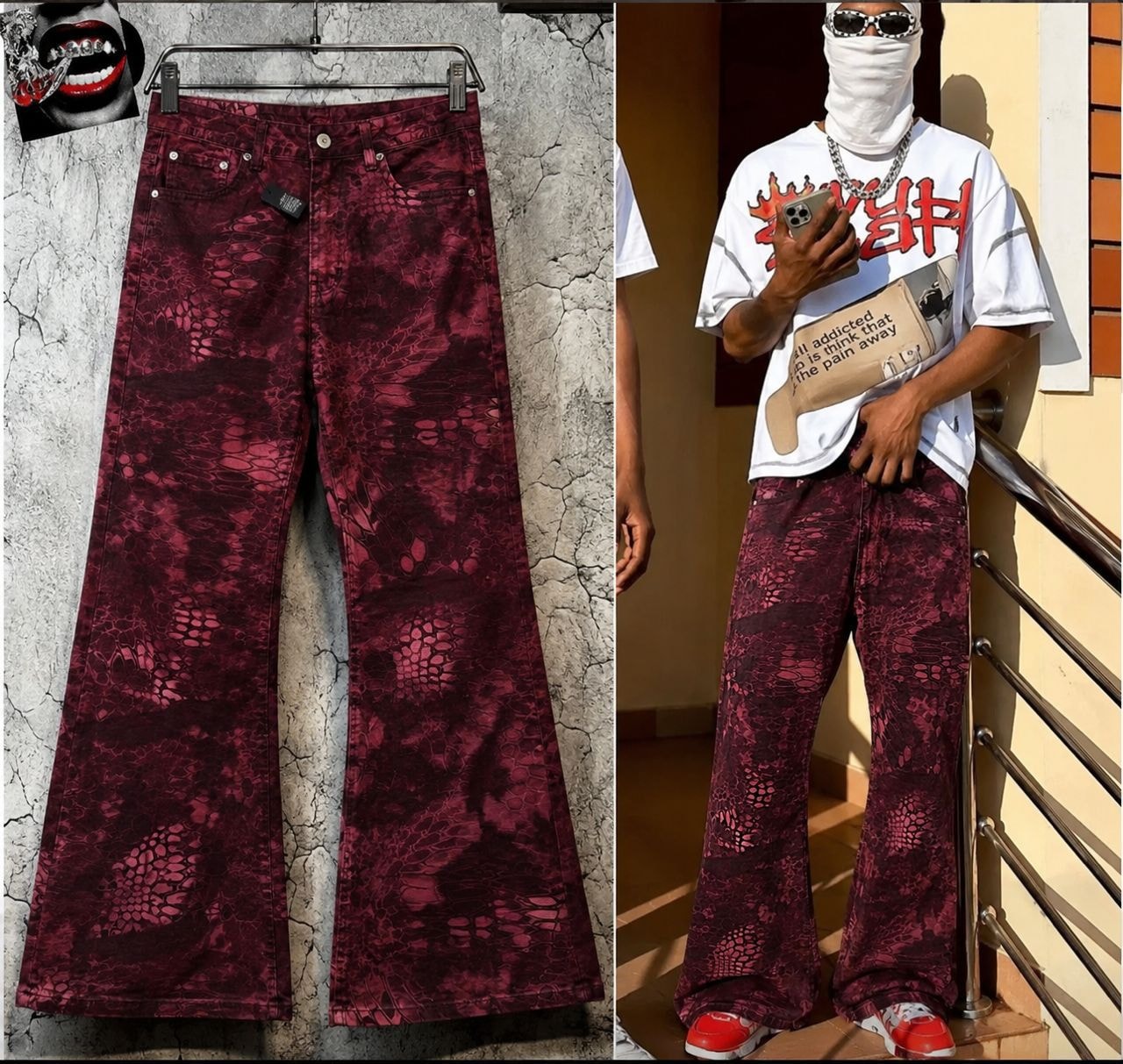 Baggy jeans with burgundy snake scale print shown on hanger against wall and worn by model.