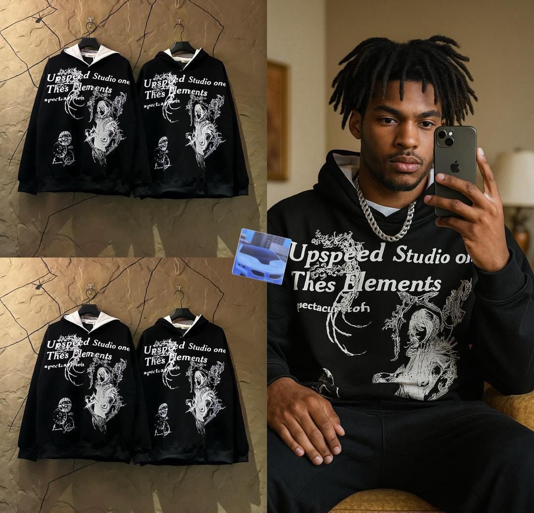 Black hoodie with white graphic prints and text shown in flat lay on hangers and worn by male model with dreadlocks.