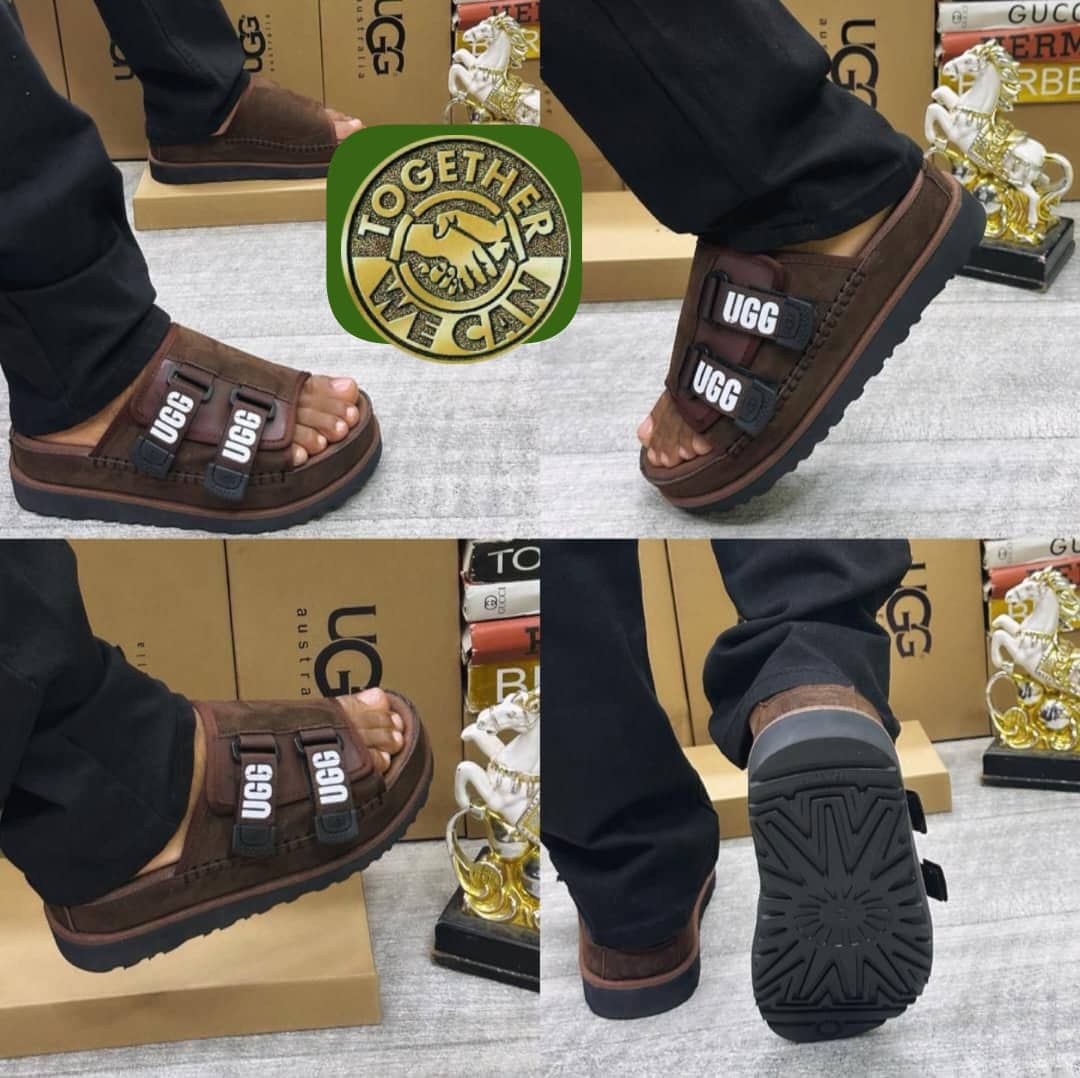 Collage of brown UGG suede slides with logo straps worn with black trousers, multiple angles including sole.