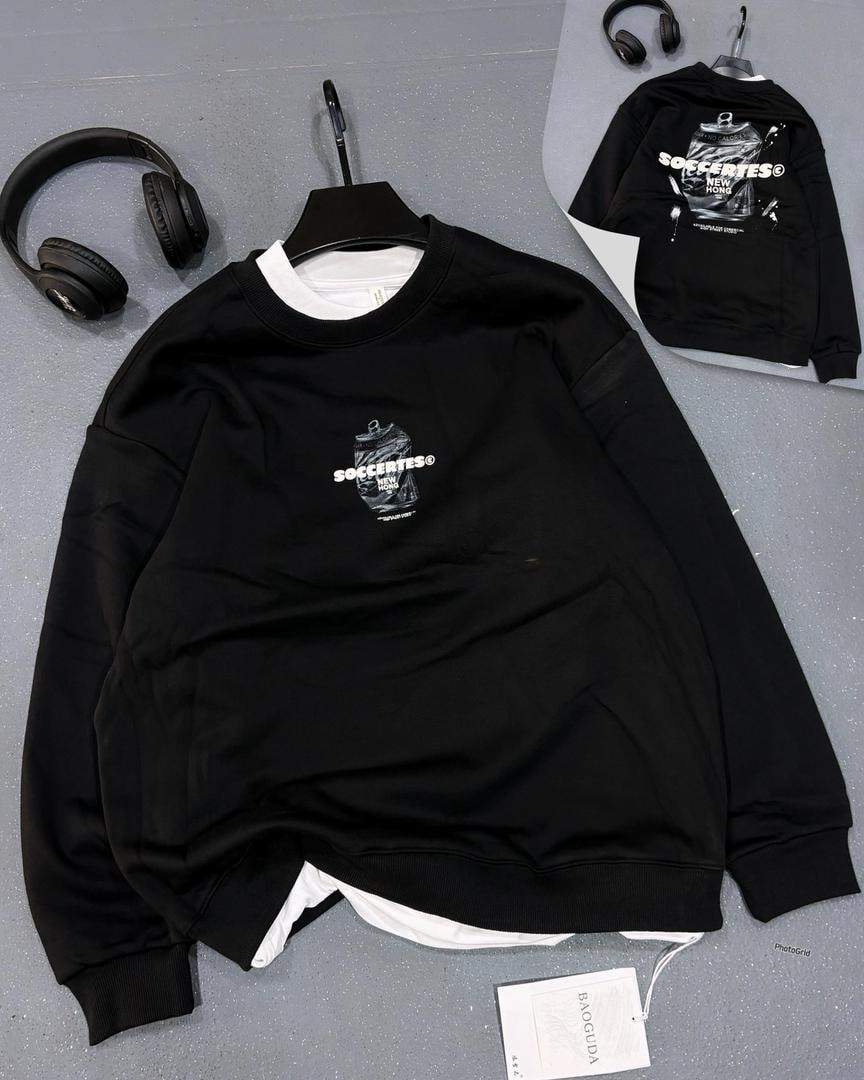 Black oversized sweatshirt with SOCERTES can graphic on front, back view inset.