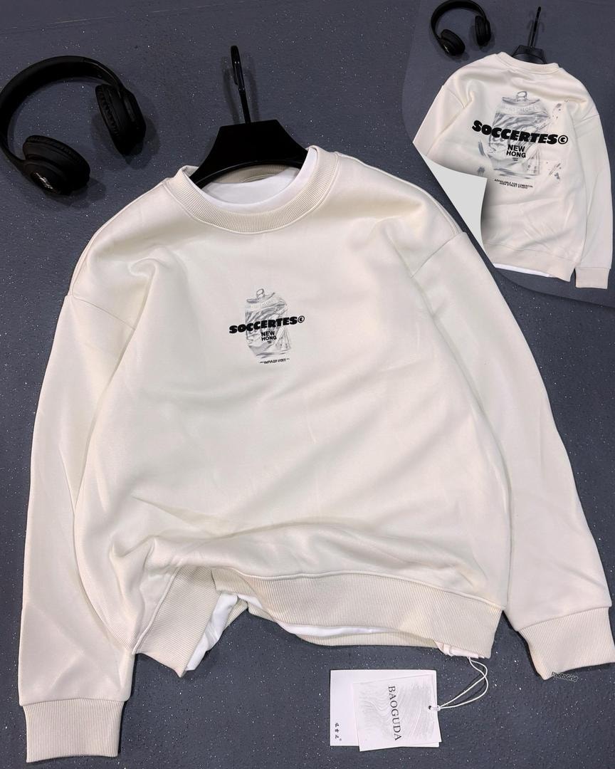Cream oversized sweatshirt with SOCERTES can graphic on front, back view inset.