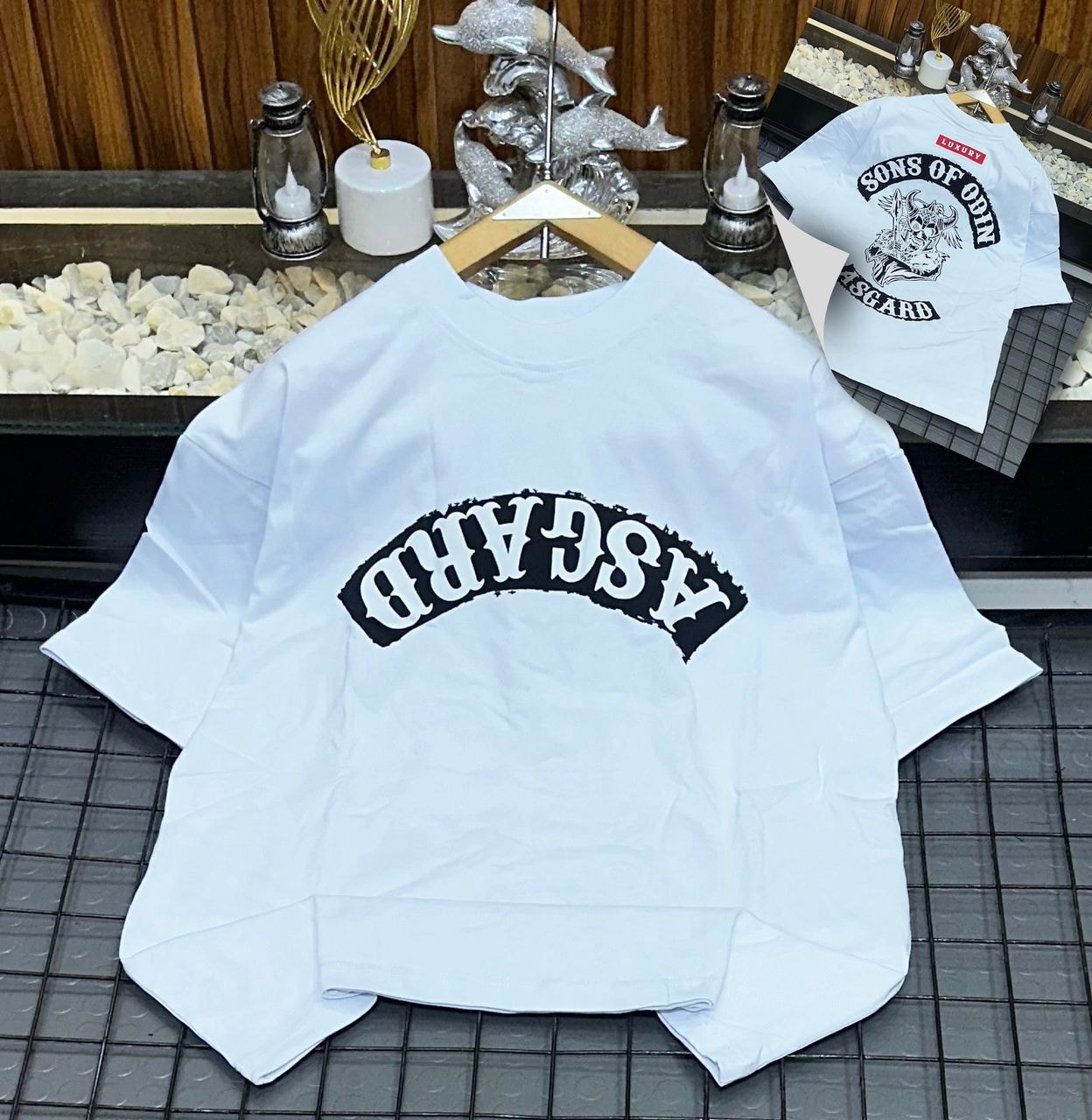 White oversized t-shirt with black Asgard graphic on front and Sons of Odin back print.