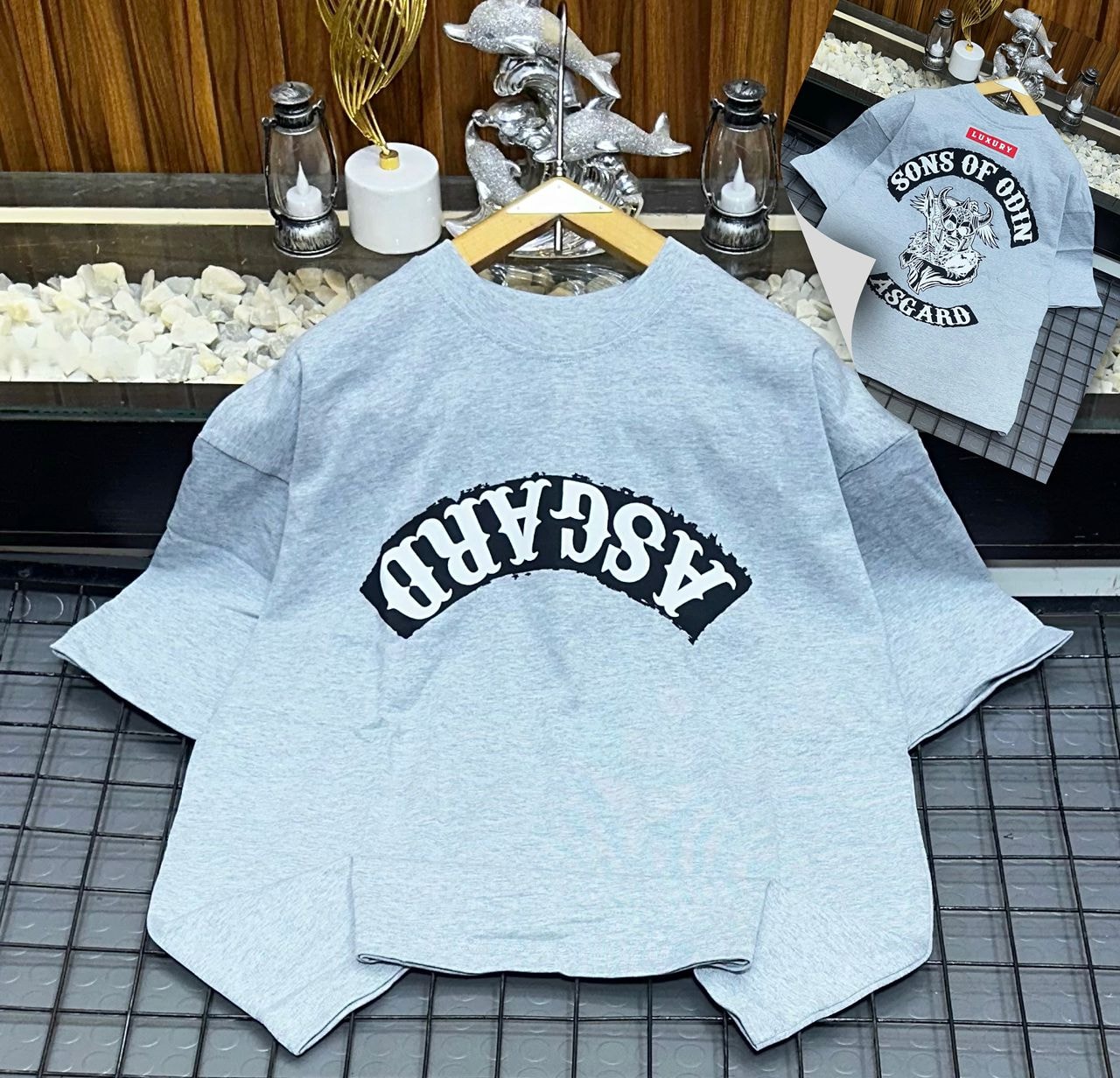 Light gray oversized t-shirt with black Asgard graphic on front and Sons of Odin back print.