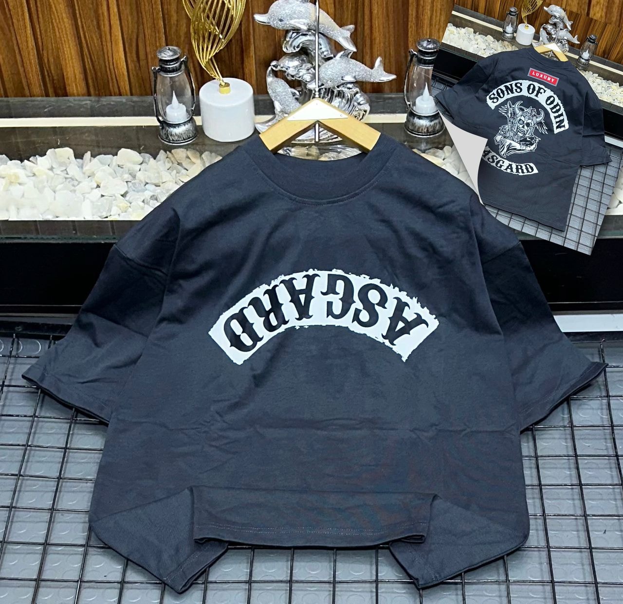 Gray oversized t-shirt with white Asgard graphic on front and Sons of Odin back print.