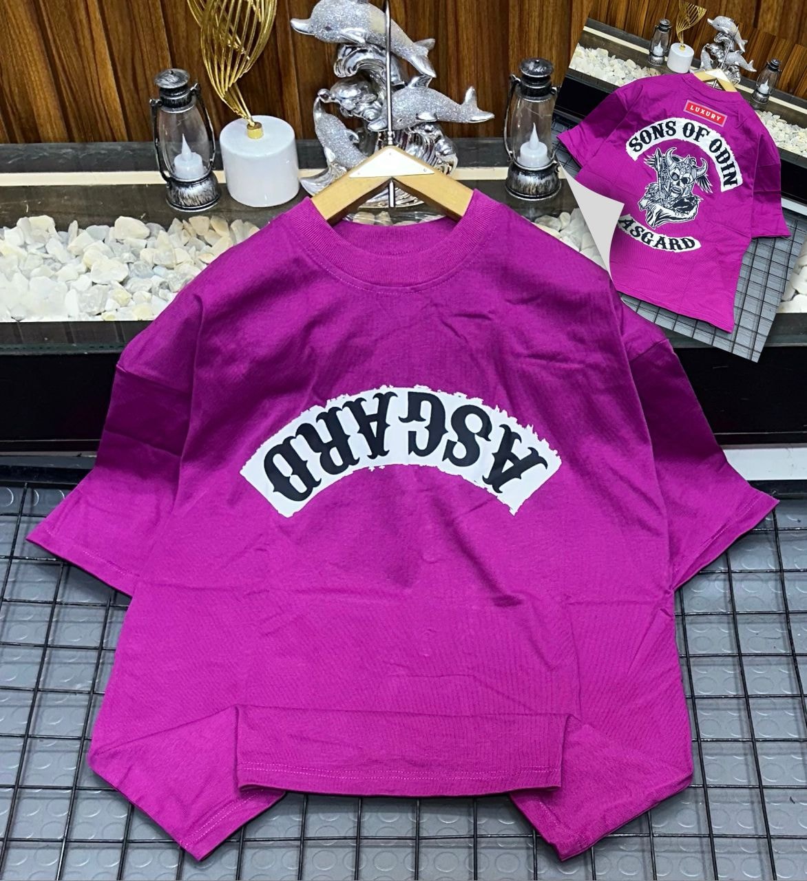 Purple oversized t-shirt with white Asgard graphic on front and Sons of Odin back print.