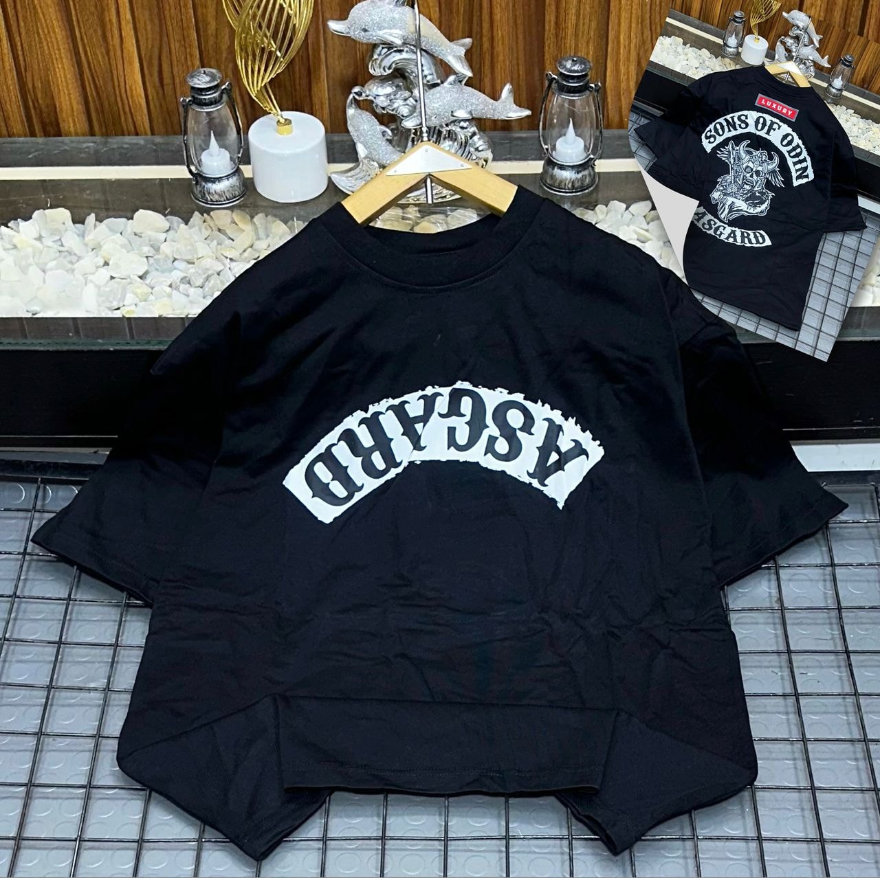 Black oversized t-shirt with white Asgard graphic on front and Sons of Odin back print.