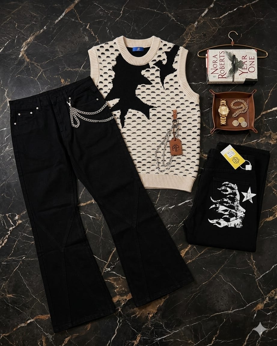 Cream star pattern knit vest with black pants featuring chain detail and additional graphic pants.