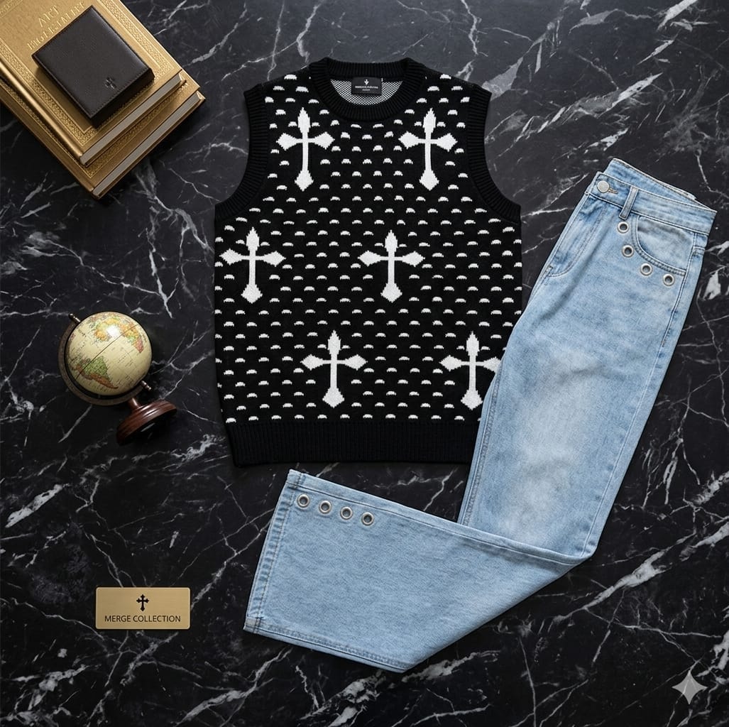 Black cross pattern sleeveless knit vest paired with light blue jeans on marble background.