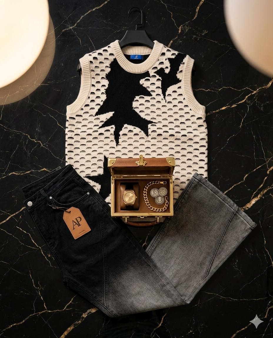 Cream star pattern sleeveless knit vest with black jeans and luxury accessories on dark background.