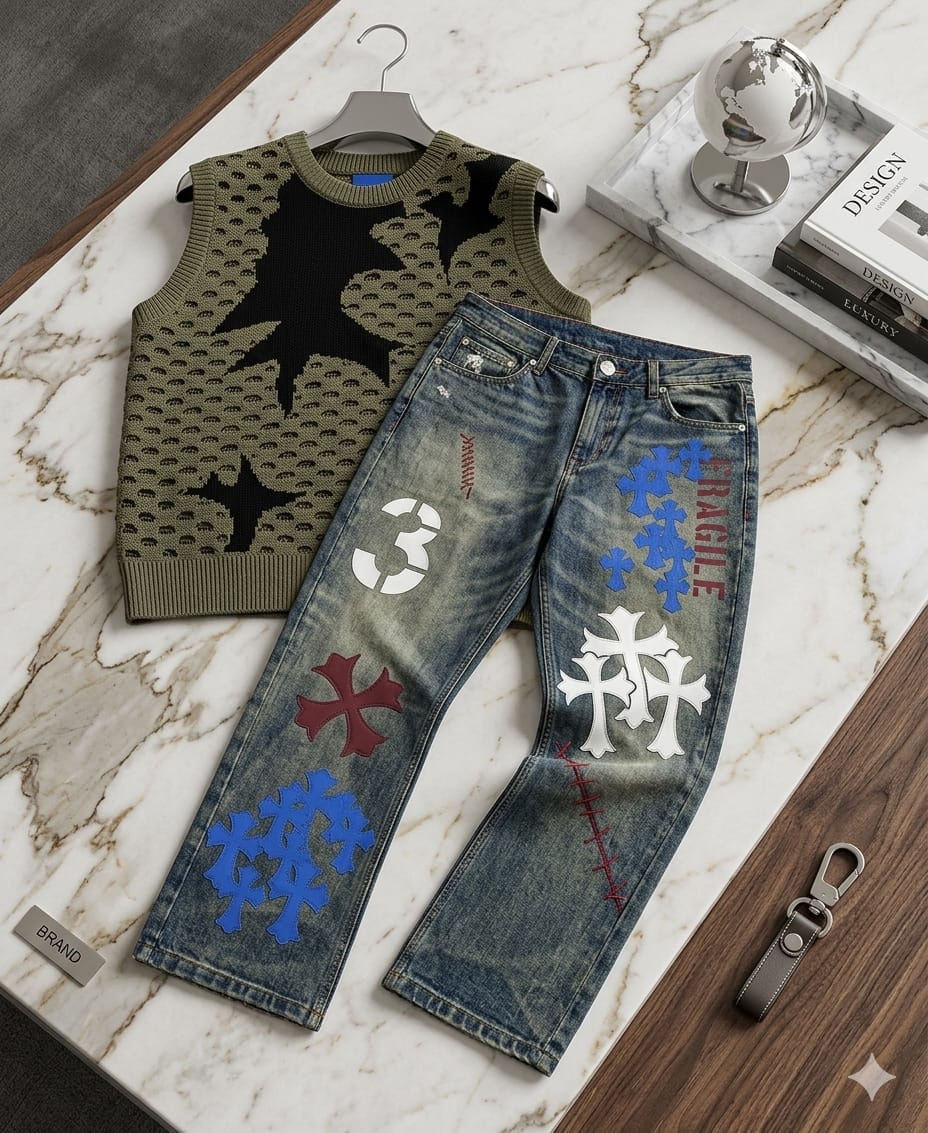Olive star pattern sleeveless knit vest paired with blue graphic jeans on marble table.