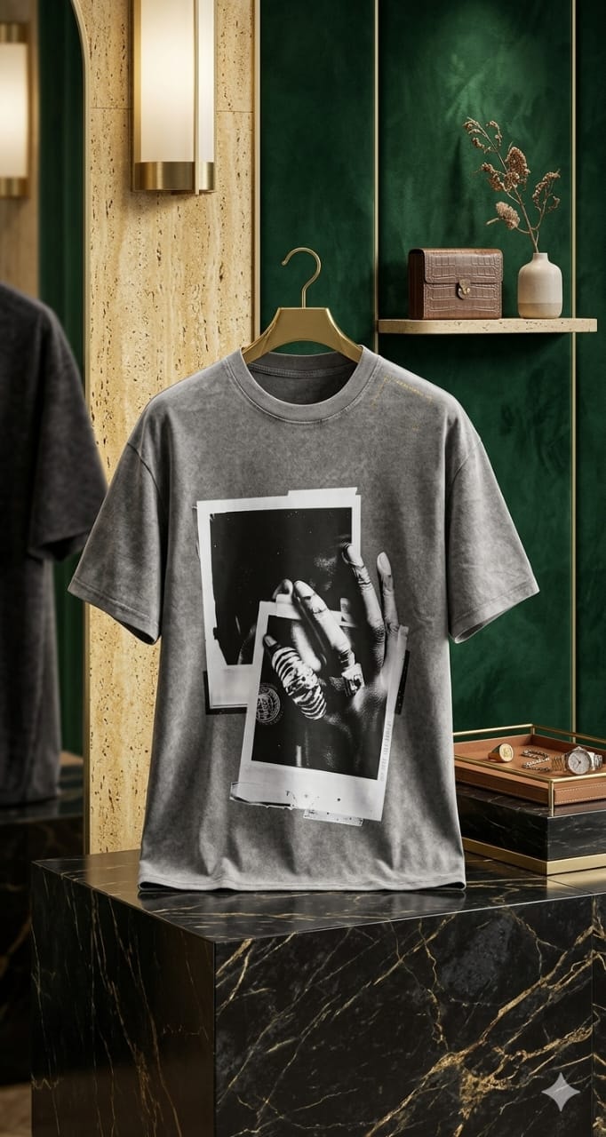 Stonewashed gray t-shirt with polaroid photos of ring-adorned hands, displayed on pedestal in stylish interior.