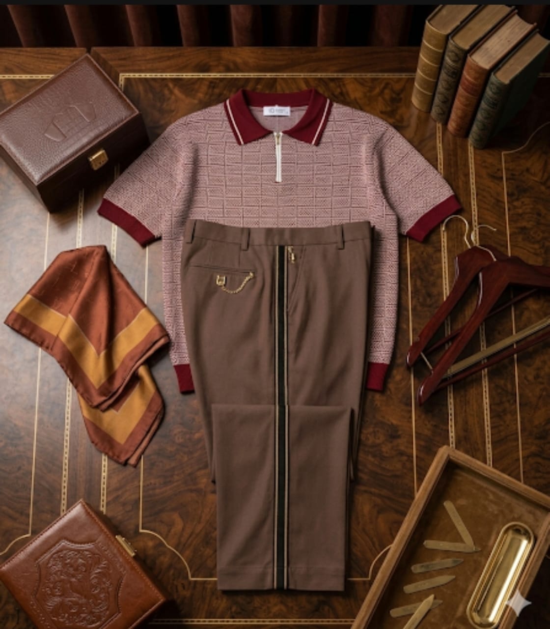 Mauve and burgundy patterned knit polo with brown zip-detail trousers styled with luxury accessories.