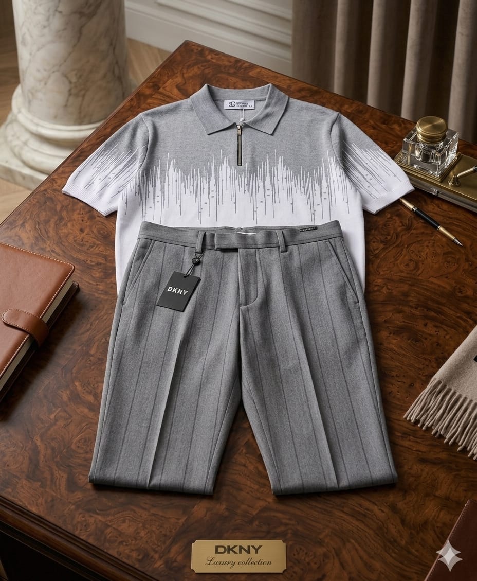 Grey and white soundwave knit polo shirt with grey pinstripe shorts on wooden surface with accessories.