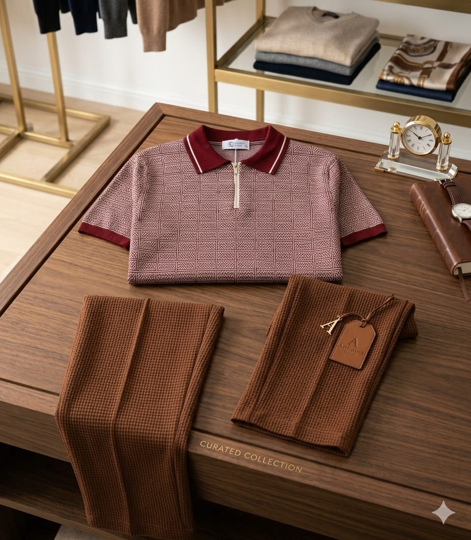Maroon geometric patterned knit polo with brown waffle knit bottoms displayed on wooden table with accessories.