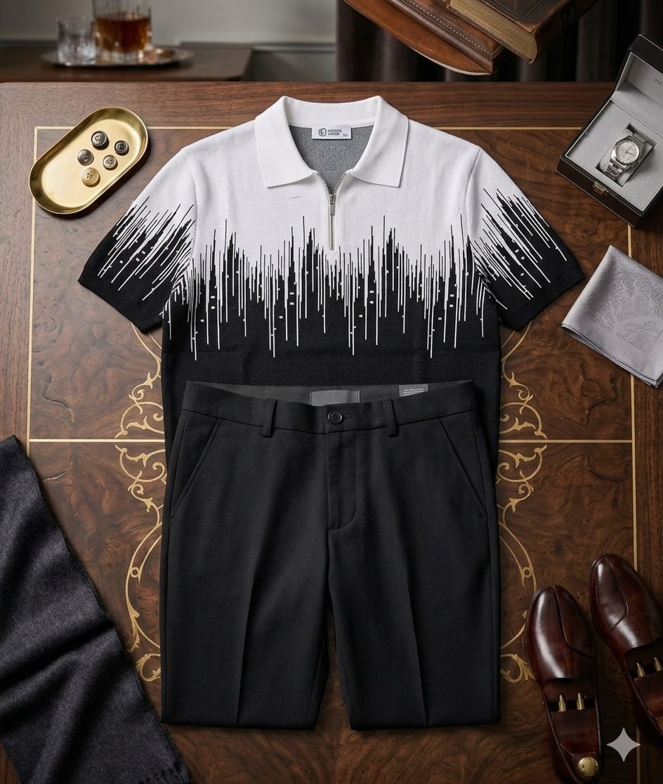 Black and white soundwave knit polo with black shorts arranged in formal flat lay with watch and shoes.