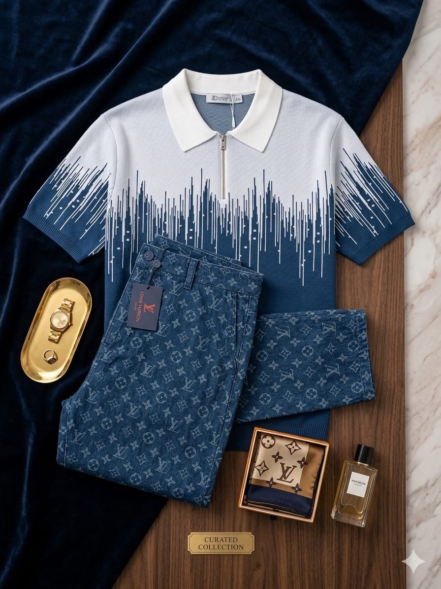 Blue and white soundwave knit polo shirt paired with blue monogram print shorts styled flat lay with accessories.