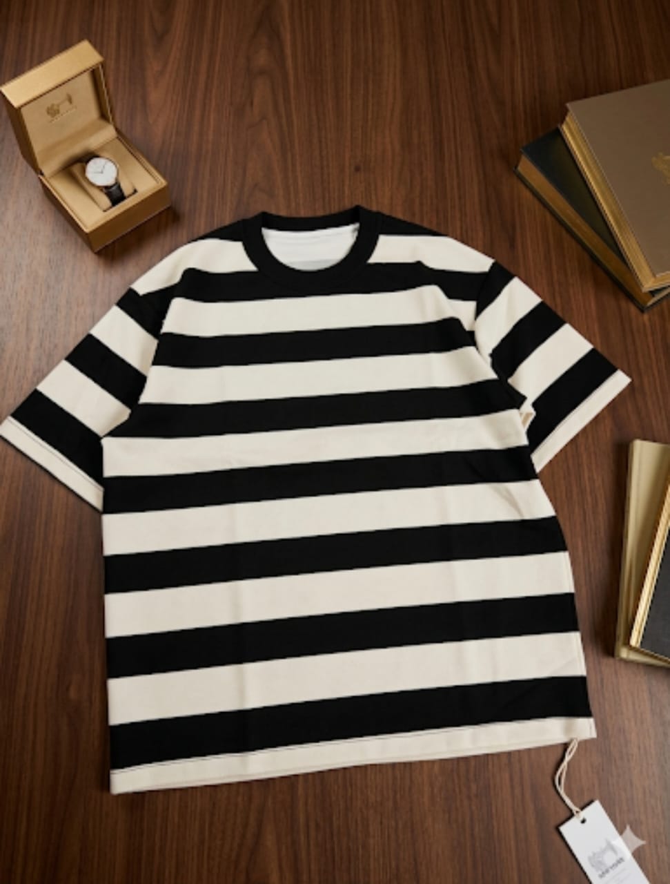 Cream t-shirt with wide black horizontal stripes displayed flat with watch and books on wooden surface.