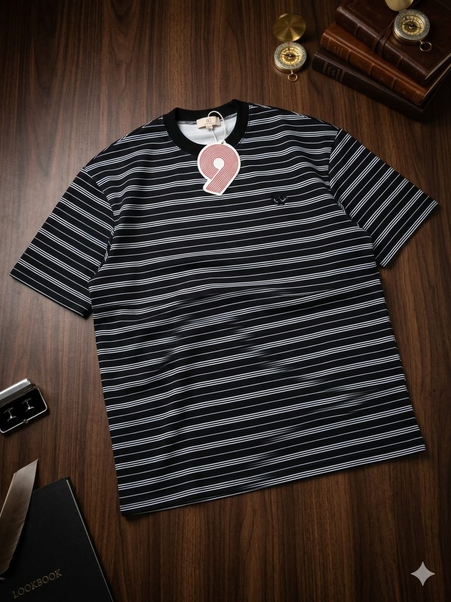 Black t-shirt with thin white horizontal stripes on a wooden background with styling props.