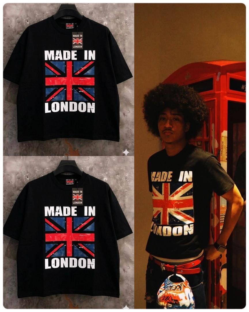 Black Made In London Union Jack graphic t-shirts on hangers with model wearing black version.