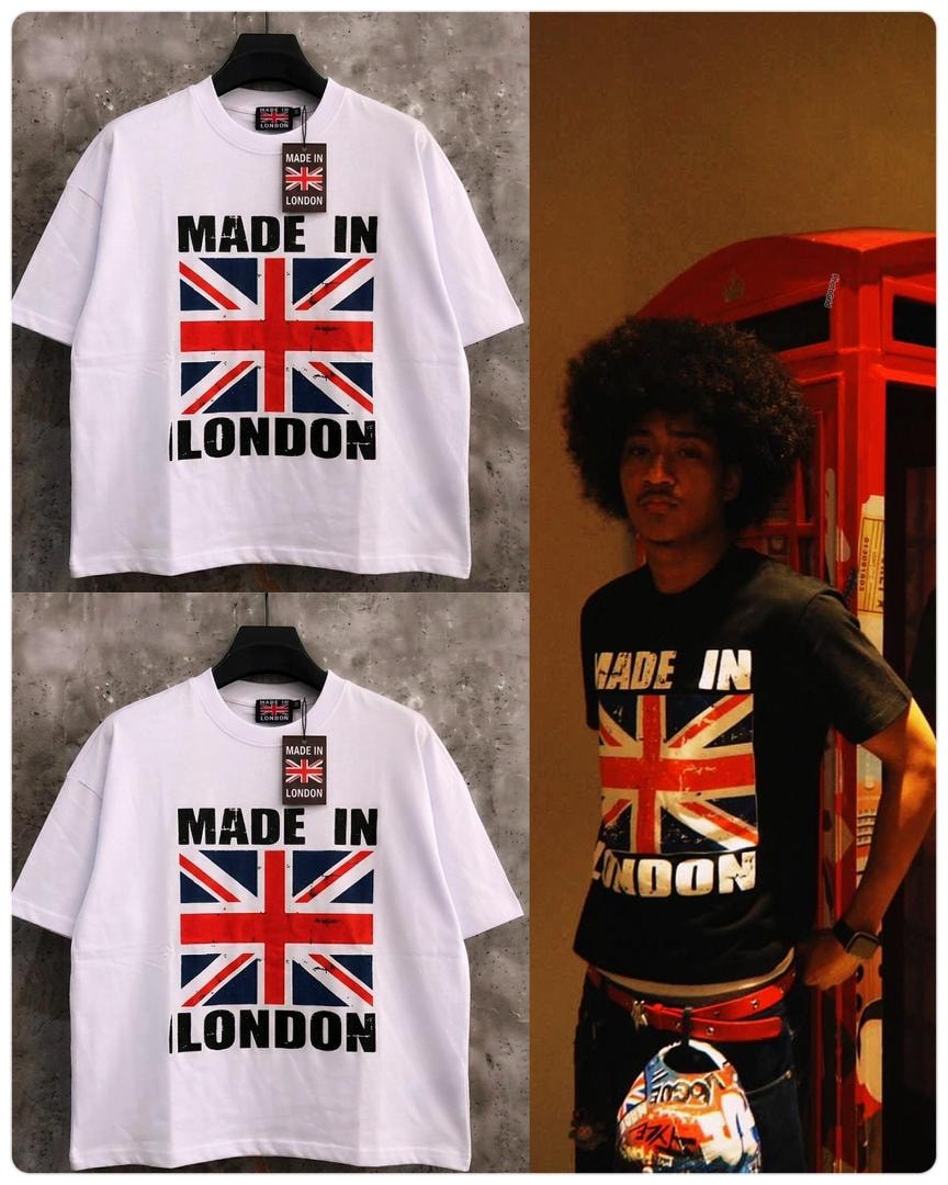 White and black Made In London Union Jack graphic t-shirts on hangers and worn by model.
